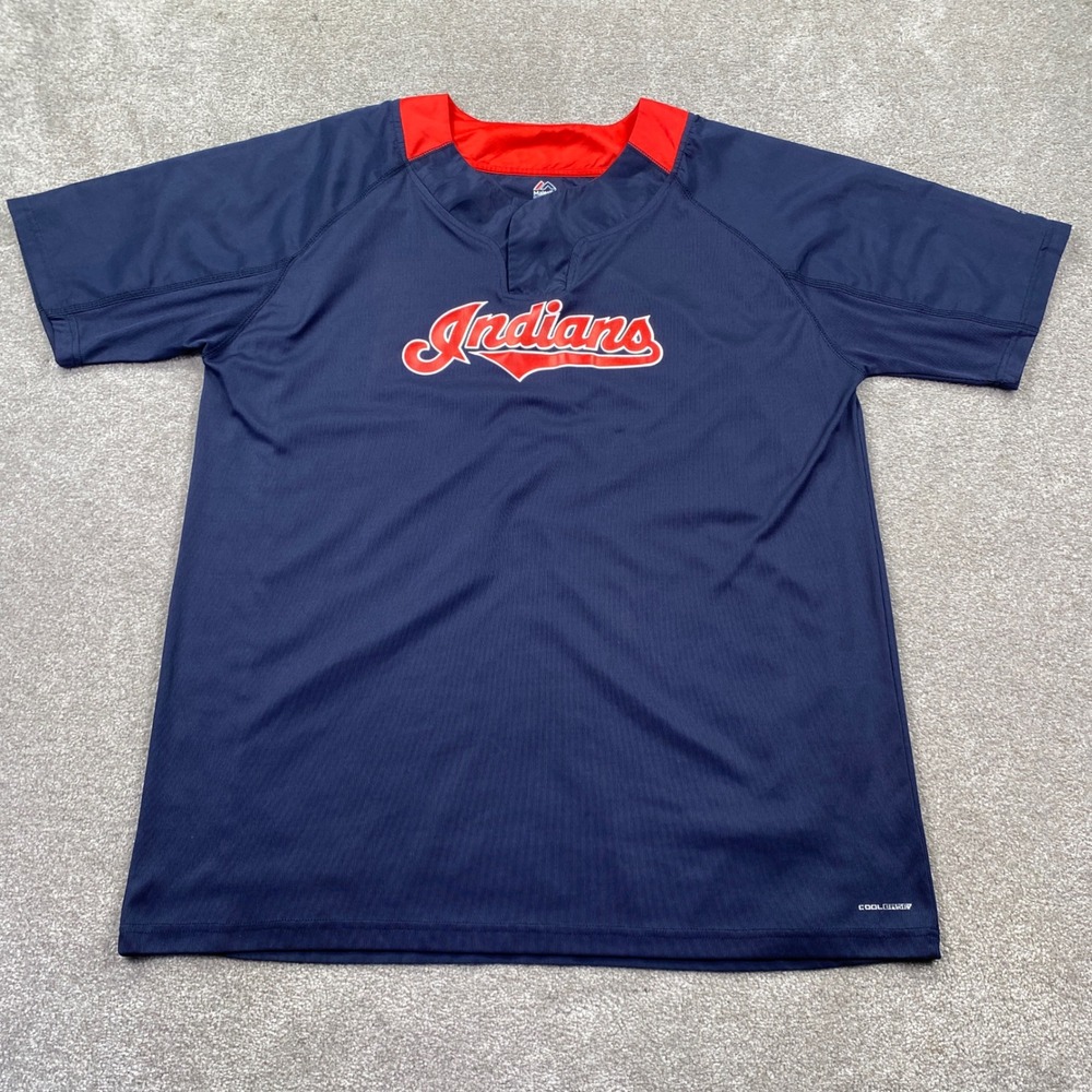Majestic Cleveland Indians Jersey Mens 2XL Navy Blue Cool Base MLB V-Neck Shirt